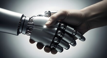 Human hand shaking with a robot hand symbolizing technology and partnership.