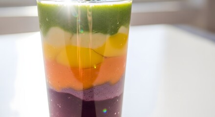 Healthy Layered Rainbow Smoothie in a Tall Glass.