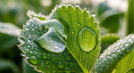 Close-up of a vibrant green leaf covered in glistening dew drops, showcasing the intricate vein structure and the delicate beauty of nature's morning freshness.