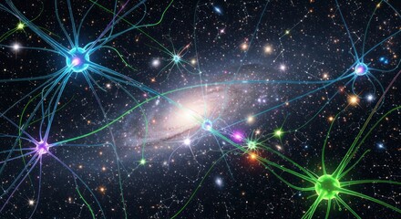 A vibrant display of neurons interacting within a cosmic backdrop, showcasing intricate connections and the galaxy's vastness.