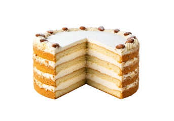 A layered cake with creamy vanilla frosting and sliced almonds, presented against a black backdrop.
