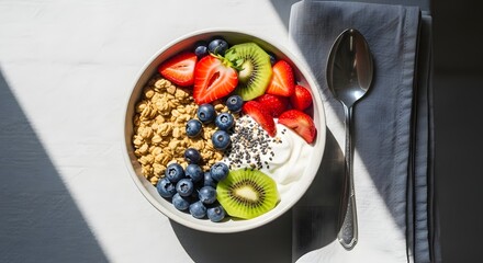 Healthy Breakfast Bowl with Granola Berries and Kiwi.