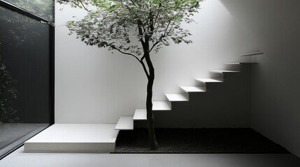 Obraz premium Interior scene with tree growing through stairs, minimalist design, natural light, shadows