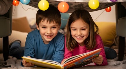 Happy siblings reading a book together inside a cozy homemade fort.