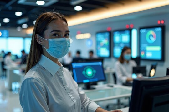 Futuristic Receptionist Woman in Sleek FFP2 Face Mask Stands in Tech-Savvy Lobby with Holographic Displays and Neon Accents - Powered by Adobe