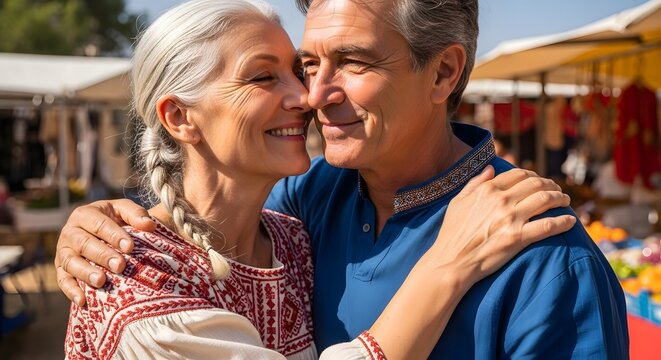 Happy senior couple enjoying a market day together.