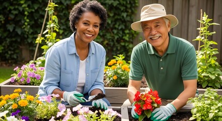 Happy senior couple gardening together in their backyard.