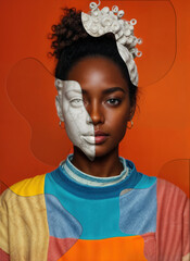 Beautiful black woman portrait with her face overlaid with marble statue texture and puzzle outlines. Classical art, identity conceptual background.  