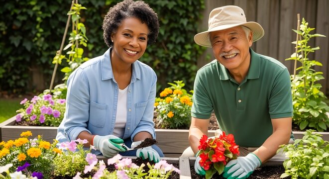 Happy senior couple gardening together in their backyard.