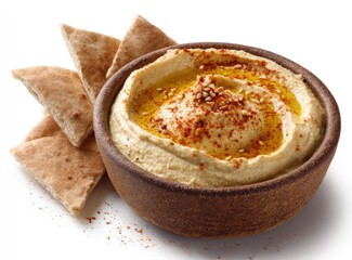 Creamy hummus in a bowl with pita bread