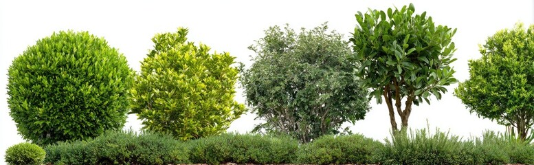 Landscaping scene with various trimmed trees and shrubs