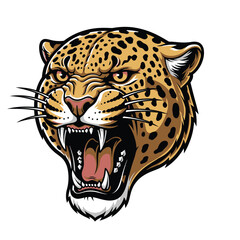 Roaring leopard head illustration showing aggressive fangs and a powerful expression. A fierce wildcat mascot design isolated on a white background