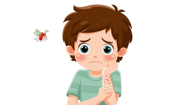 Illustration of sad boy with mosquito bites scratching his arm, illustrating insect sting, allergy, irritation, or skin reaction on white background in medical context.