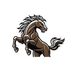 A powerful and dynamic brown stallion mascot rearing up on its hind legs, symbolizing strength and untamed energy for a team emblem