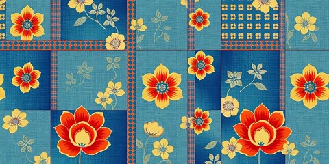 Vintage blue Japanese fabric patchwork wallpaper, seamless vector pattern, surface, sashiko