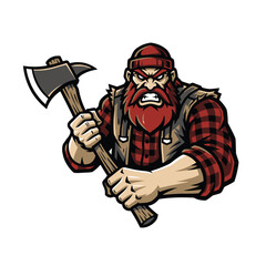 Intense bearded woodsman character illustration gripping an axe, featuring a classic plaid shirt and knit cap, conveying strength and a rugged, determined spirit
