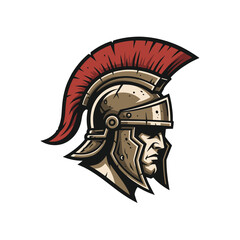 Classic depiction of an ancient Roman legionary's head in a detailed bronze helmet with a striking red crest, embodying strength and courage