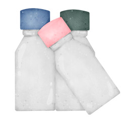 Watercolor cartoon illustration of plastic bottles with colorful caps, laboratory or medical container clipart isolated on white backgroun