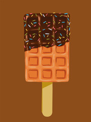 A waffle on a stick. Take-out sweets. Color image.