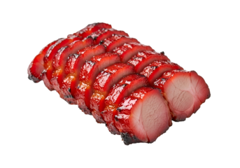 Close-up of sliced barbecued pork, glistening with a rich red glaze, displayed against a striking black backdrop.