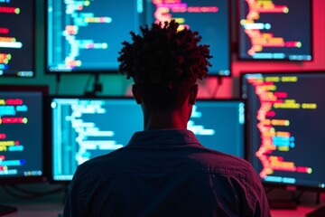 African American Web Developer Surrounded by Vibrant Code and Technology in Aerial View
