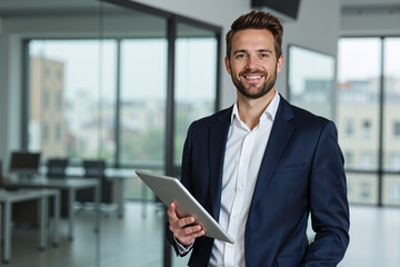 Fototapeta premium Confident handsome businessman in suit smiling while holding digital tablet in modern corporate office. Portrait of successful young entrepreneur, ceo, or manager looking at camera