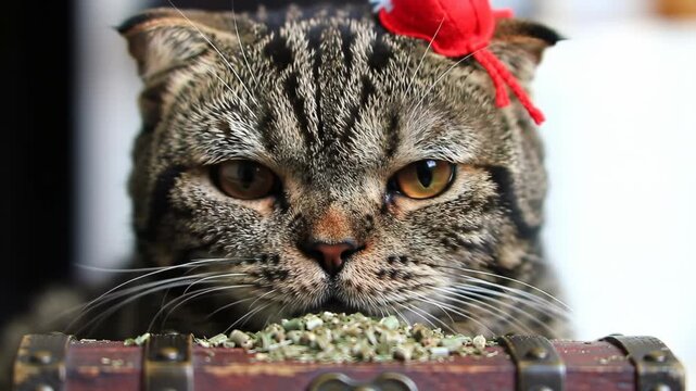 Cute tabby cat with red bow looks at catnip on treasure chest, indoor pet lifestyle