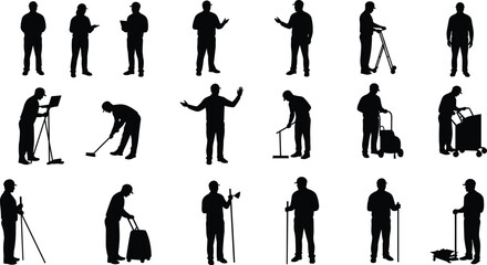 Silhouettes of Cleaning Staff and Maintenance Workers Using Tools, Carts, and Equipment for Janitorial, Inspection, and Facility Service Jobs