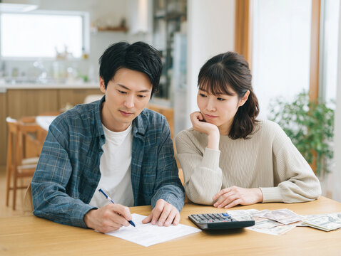 生活費を計算する日本人夫婦のイメージ