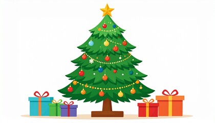 Christmas Tree with Star and Colorful Gift Boxes Illustration