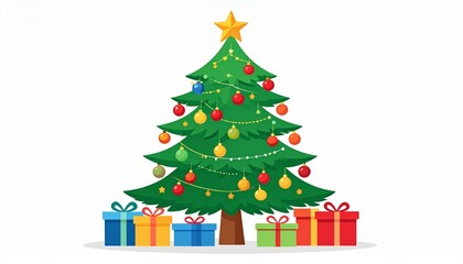 Christmas Tree with Star and Colorful Gift Boxes Illustration