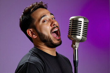 Energetic young man singing with passion and joy into a vintage silver microphone during a live performance or studio recording session