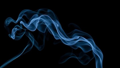 Fototapeta premium Wispy gray-blue smoke swirls against a stark black backdrop, smoke effect, abstract art