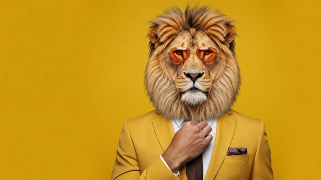 Lion with human characteristics wearing stylish yellow suit and sunglasses, exuding confidence and charisma in a modern, artistic portrait showcasing unique visual storytelling