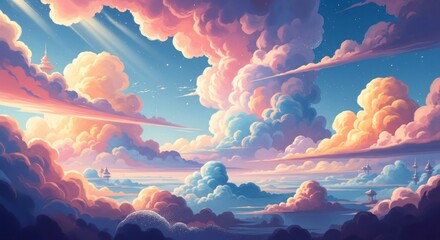 A breathtaking vista of pastel-hued cloudscapes, adorned with small structures nestled within the fluffy clouds, evokes a serene and dreamy atmosphere.