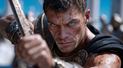 A man holding a sword in a scene from the movie Spartacus: War of the Damned