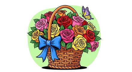 A vibrant bouquet of colorful roses in a rustic basket, accented by a delicate butterfly.