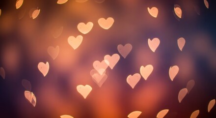 Warm, diffused light creates a soft, romantic atmosphere, filled with numerous, glowing heart shapes.