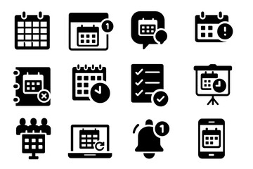 Calendar, notification solid icon set. schedule, reminder, meeting icons solid collection