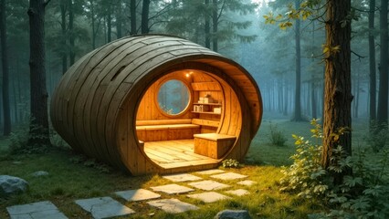 Circular cabin art scene in the forest