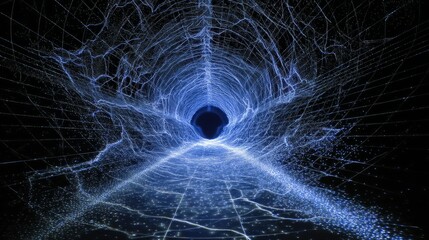 Abstract digital tunnel with glowing lines and central void