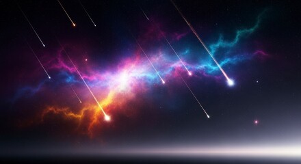 A vibrant display of colorful nebulae and shooting stars across a vast expanse of space.