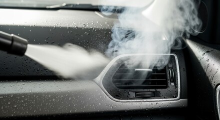 A high-pressure steam cleaner is used to clean a car's dashboard, generating visible steam and water droplets.