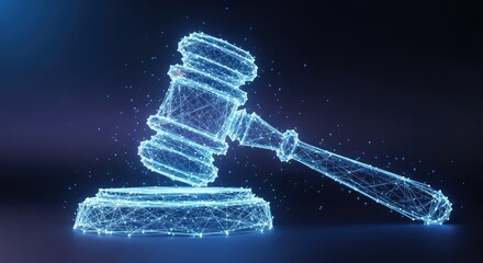 Digital Justice - A Futuristic Gavel and Sound Block Illustration.
