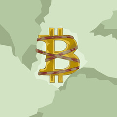 Damaged Bitcoin symbol wrapped in tape, concept art about crypto volatility or restriction.