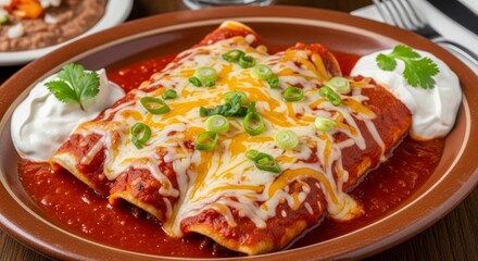Three enchiladas topped with melted cheese, sour cream, and green onions, sit in a rich red sauce on a brown plate.