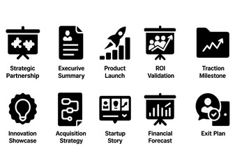 Business, strategy solid icon set. growth, planning, milestone, innovation icons solid pack