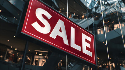 A bold red 'SALE' sign prominently displayed in a modern retail environment, attracting attention and shoppers.