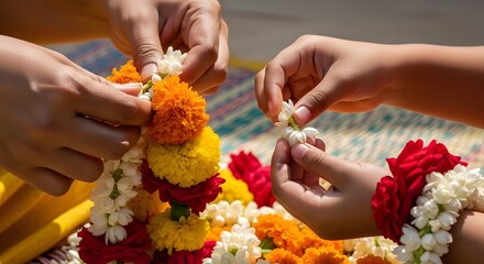 Hands crafting vibrant flower garlands for a traditional Indian festival or celebration.