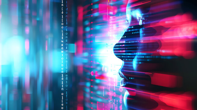 Digital silhouette of a person in a futuristic cyber environment with glowing data streams and binary code